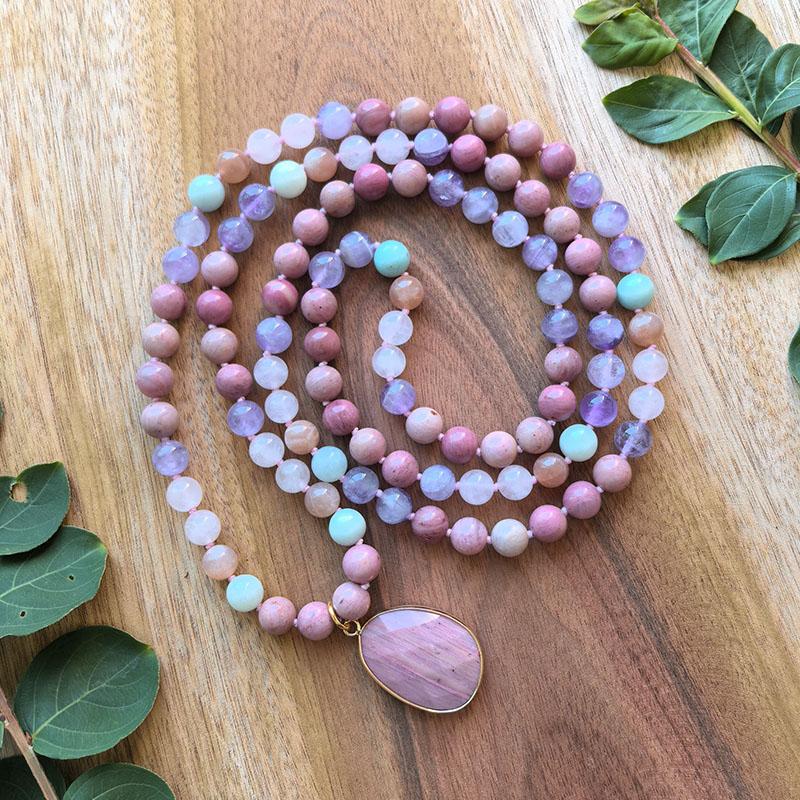 Rose Quartz,Sunstone,Amazonite,Lavender Amethyst,Rhodonite,108 Bead Mala Necklace,Hand Knotted Meditation Necklace,Yoga Jewelry