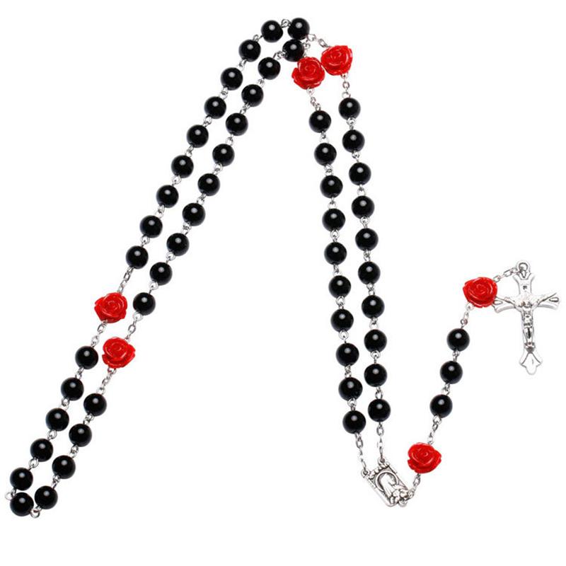 Catholic Purple Glass Beads Rosary Necklace For Women INRI Cross Crucifix Pendant Rose Chain Religion Jewelry