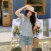 French sweet lace bubble short-sleeved shirt women's summer small fresh retro plaid shirt loose top