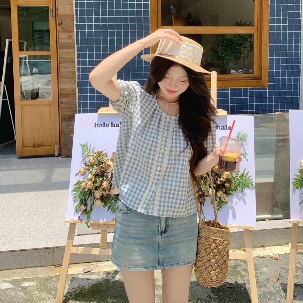 French sweet lace bubble short-sleeved shirt women's summer small fresh retro plaid shirt loose top