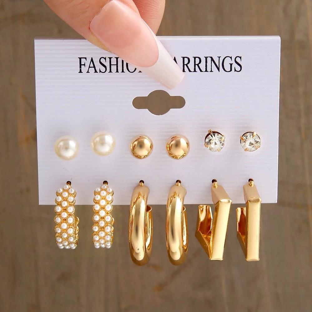 European & American Retro Geometric Hammered Textured Earrings 6-Piece Set: Creative Heart Diamond Stud & Alloy Earrings