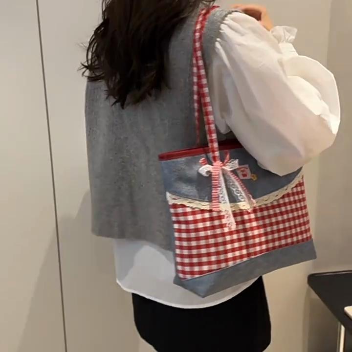 Yogodlns New Simple Style Women's Bag Retro Lattice Casual Plaid Underarm Bag Fashionable Sweet Bowknot Large Capacity Shoulder Totes