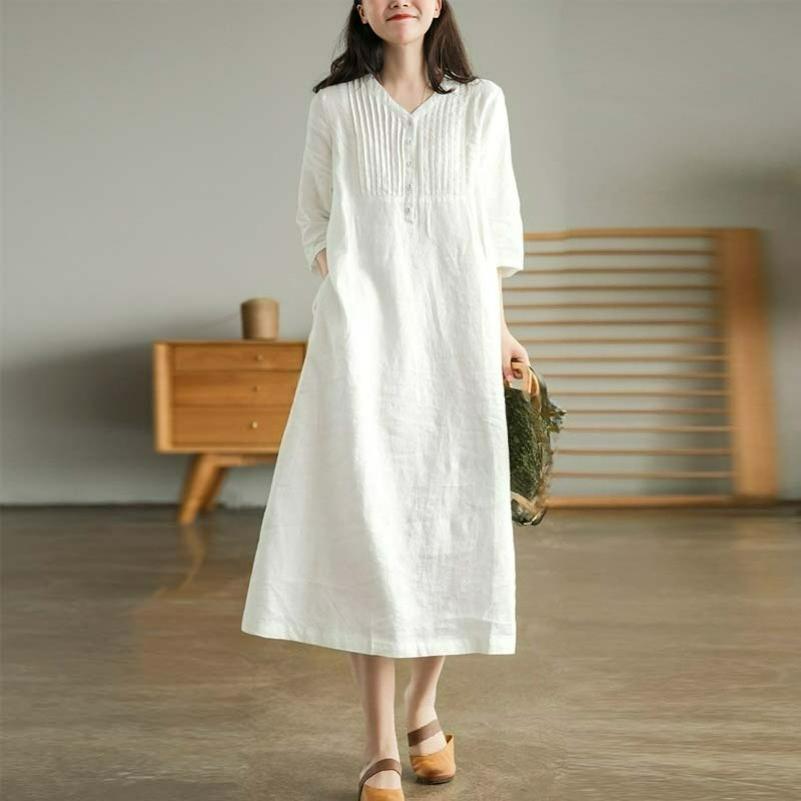 

Summer Literary Loose Stitching Solid Color Cotton and Linen V-neck Five-point Sleeve Dress Women s Mid-length 3XL білий