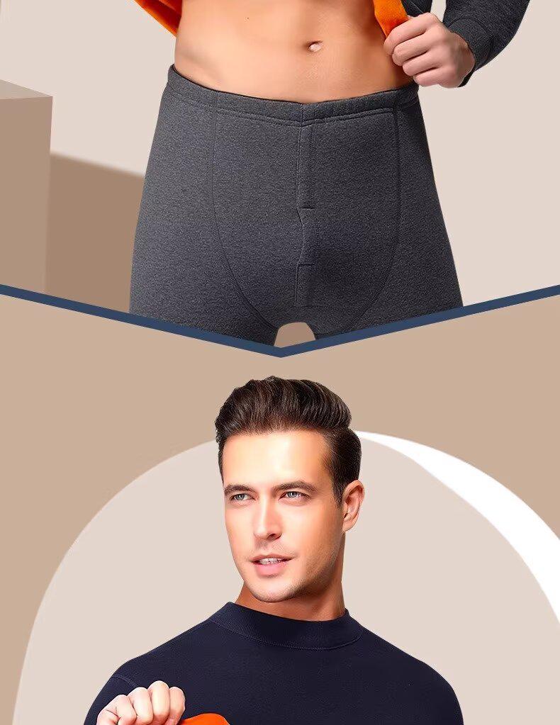 Golden Velvet Men's Cold-Proof Crew Neck Warm Underwear Set with Long Sleeve Top and Long Pants
