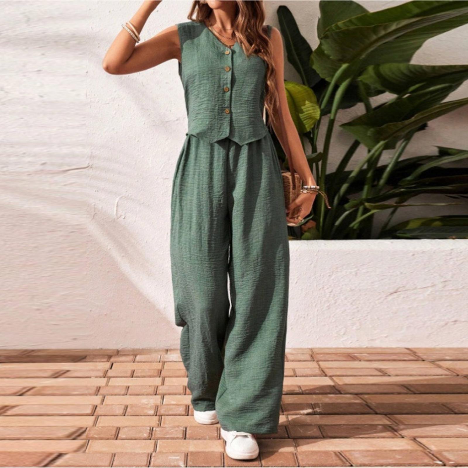 Women s Casual V-Neck Vest Linen-Cotton Set L