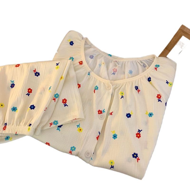 2Pcs Colourful Small Flower Pajamas Japanese Students Short Sleeves and Shorts Round Neck Homewear Set of Two Sets Of