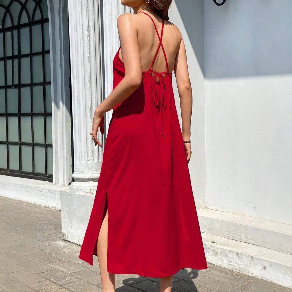 2026 new women's clothing halter neck halter lace-up dress summer seaside vacation style split-ended long dress