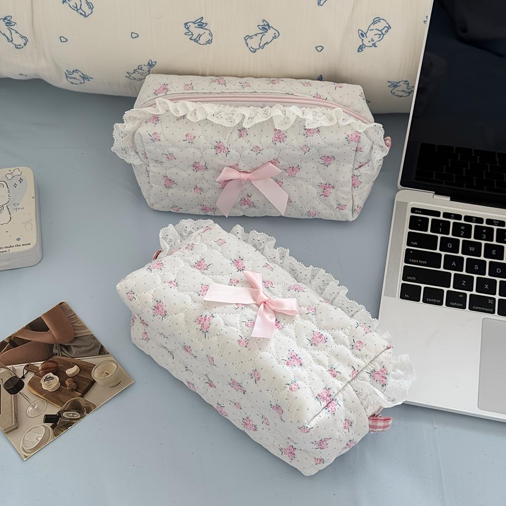 Sweet Floral Cosmetic Bag for Women - Pink Rose Design with Ruffled Edges & Ribbon Bow, Cute Makeup Bag, Playful Aesthetic