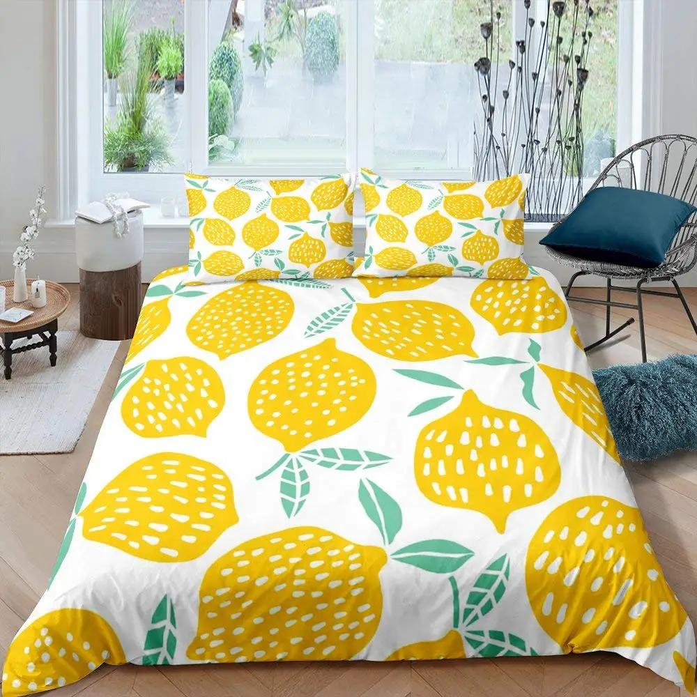 Lemon Duvet Cover Set,Bedding Set 3pcs for Teens Room,Botanical Natural Bright Yellow and Black Quilt Cover with 2 Pillowcases