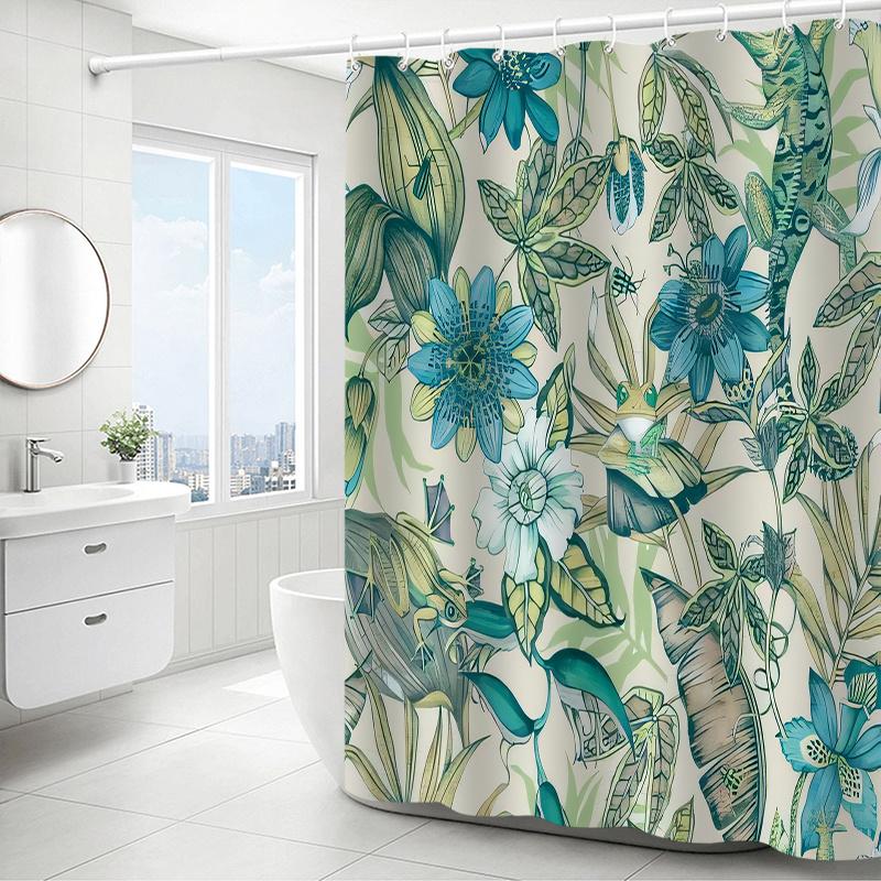 1Pc Green Leaf Shower Curtain Bathroom Decor With Artistic Tropical Leaf Pattern, Shower Curtain For Bathrooms