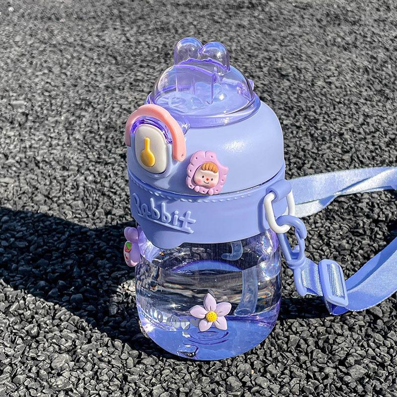 Kawaii Rabbit Plastic Water Bottle For Girls With Straw And Strap Clear Portable Leak-proof Children Water Bottle BPA Free