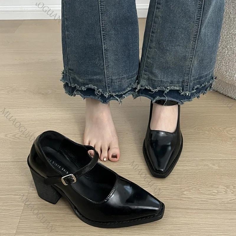 Fashion Black Pointed Thick High Heels Women's Shoes New Spring Retro Mary Jane Shallow Mouth Heels Women Belt Buckle Single Pumps Shoes