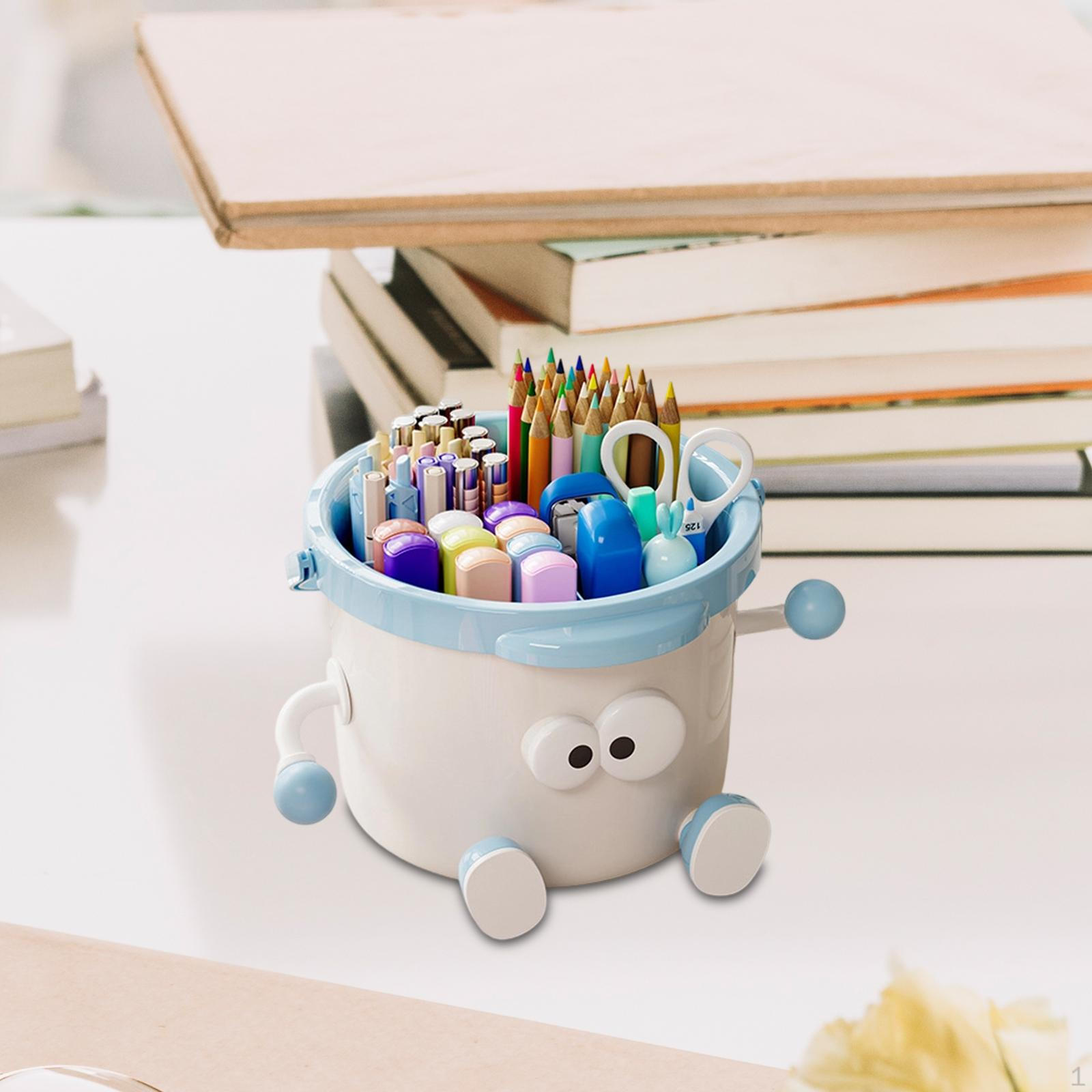 

Desk Organiser Container Cute Sturdy Pencil Holder with Wide Handle 4 Compartments for Makeup Office white and blue