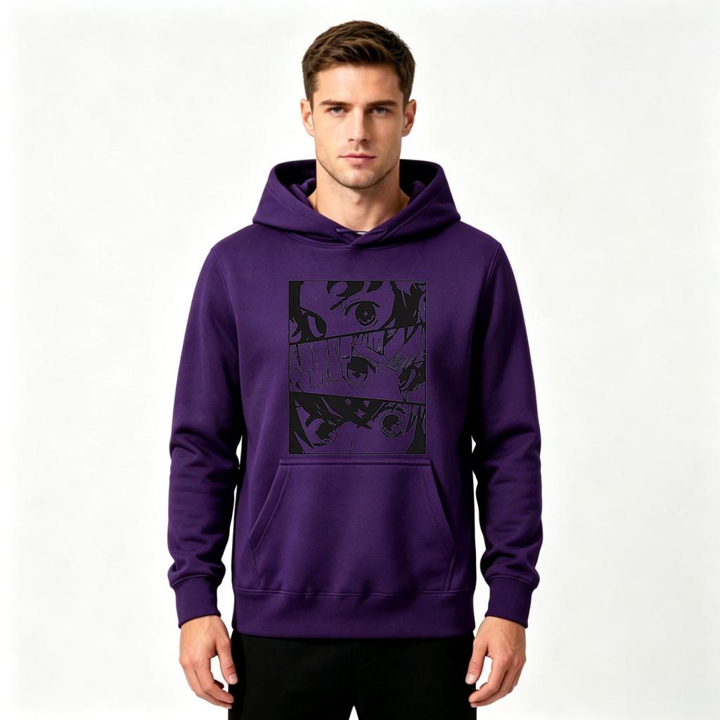 Men's Pullover Hoodie Anime Eyes Black White Print Casual Long Sleeve Hooded Sweatshirt
