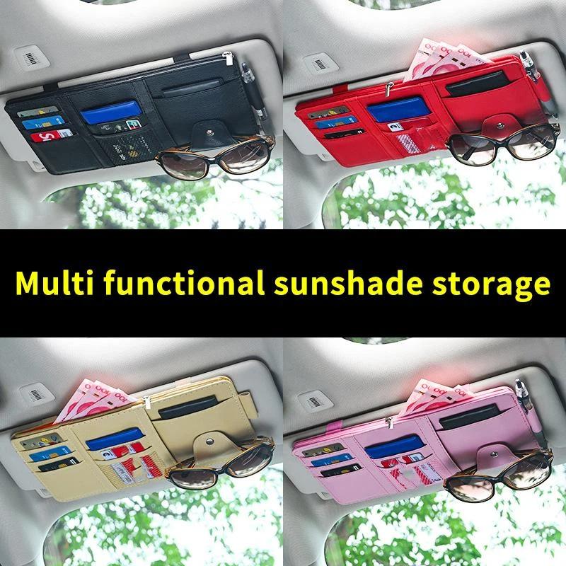 Sunshade Storage Bag Pu Leather Multi-Pocket Net Zipper Car Sun Visor Organizer Sunglasses Holder For Car Interior Accessories