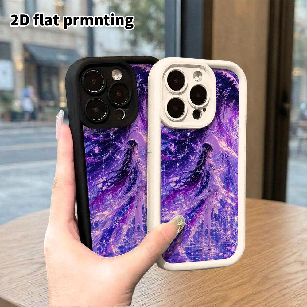Phone Case: 2D Flat Design Suitable for iPhone 18 17 16 15 14 13 Pro Stepped Protective Case, Fantasy Girl Dark Night Purple Moon, Christmas and Hallo