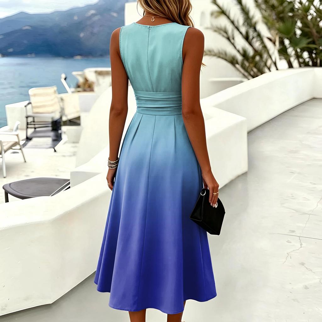 Vestido Midi Casual de Manga Corta con Cuello Redondo para Mujer Estampado Degradado Cintura Plisada Línea A Vestido de Verano para Uso Diario