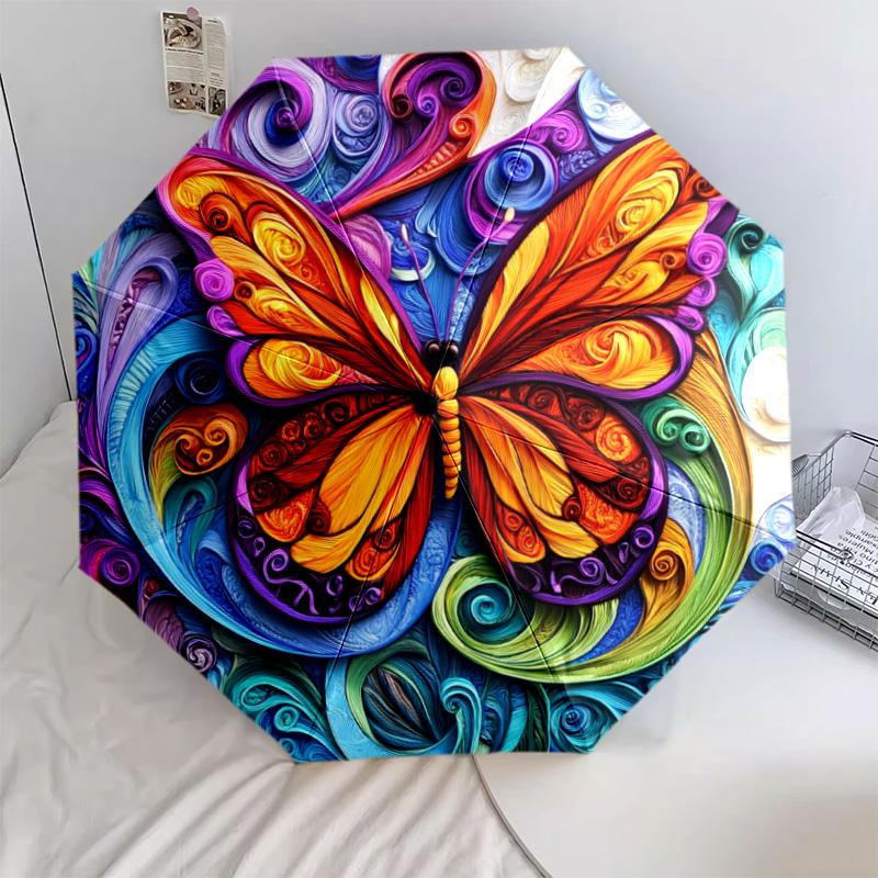Colorful Butterfly pattern, automatic folding umbrella, portable and foldable design, 8 ribs, a Christmas or birthday gift.