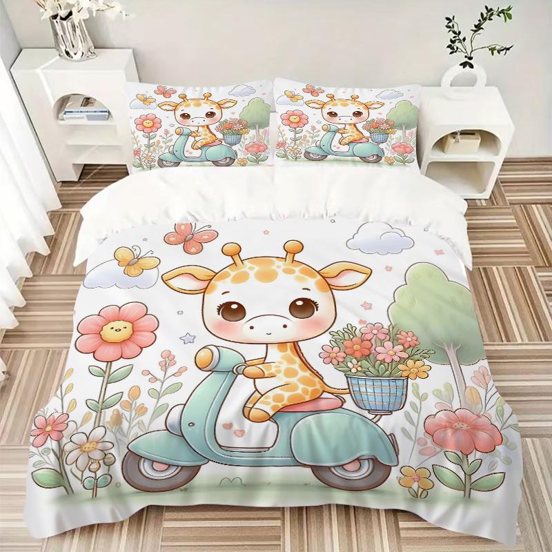 3pcs Cute Giraffe Riding a Bike Bedding Set - Includes Quilt Cover and Pillowcases, Suitable for All Seasons M043