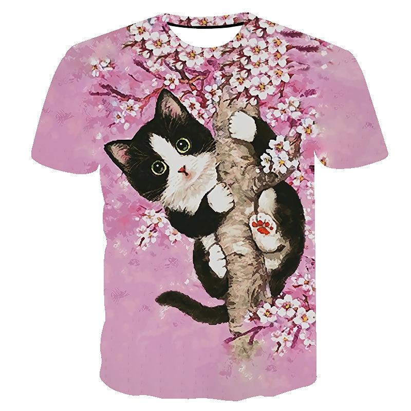 Animal Series 3D Digital Printed Men's and Women's Short Sleeved T-shirt Blue Cat Beautiful and Cute Round Neck T-shirt
