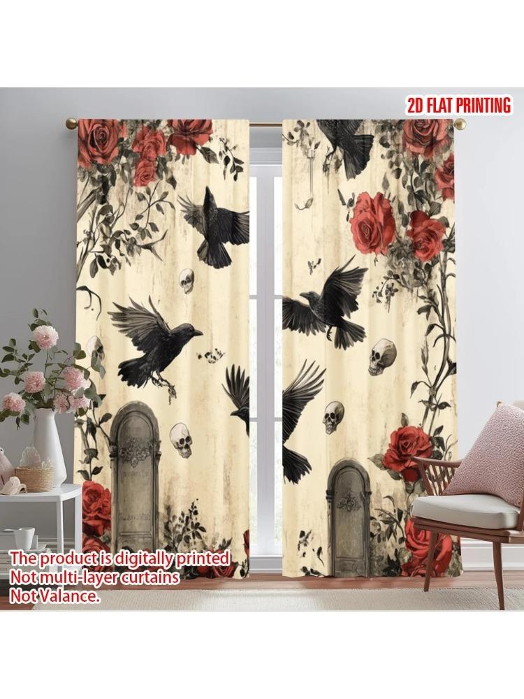 

Plane Printing Curtains Digital Printed Roses Ravens Versatile Polyester Without Rod Art Deco Festive Use Made Of W100*H70(CM)-Grommet top&2PCS