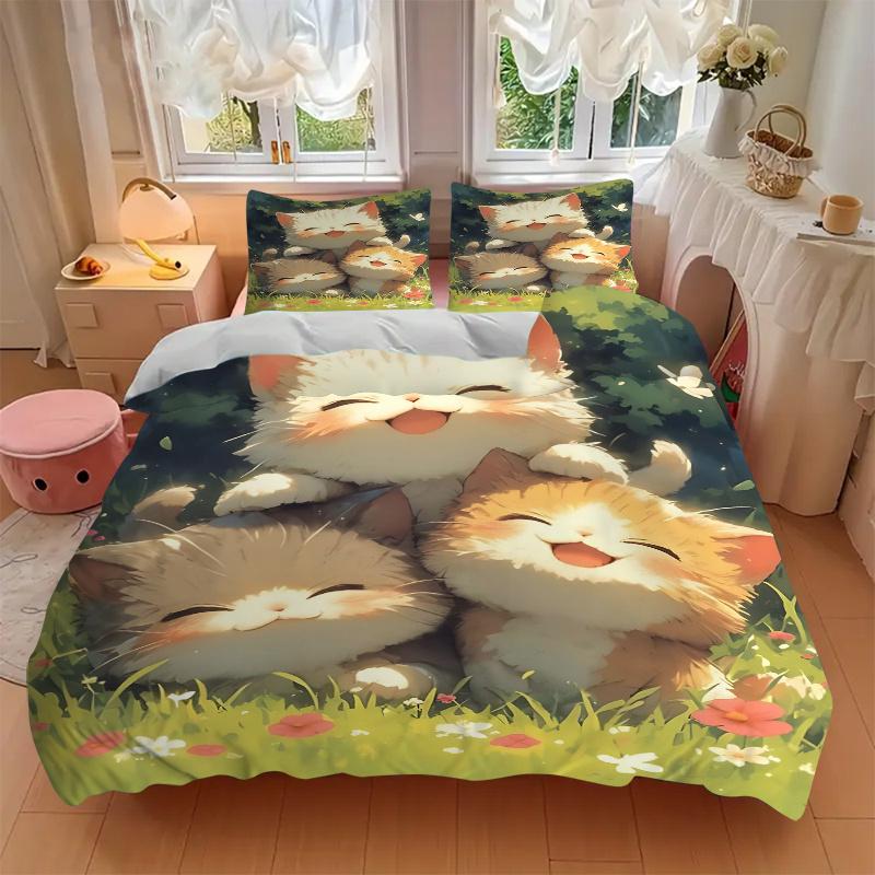 3pcs Three kittens Quilt Cover Set (1 Quilt Cover + 2 Pillowcases Without Pillow Core), High-Definition Printing for Home and Dormitory.L108
