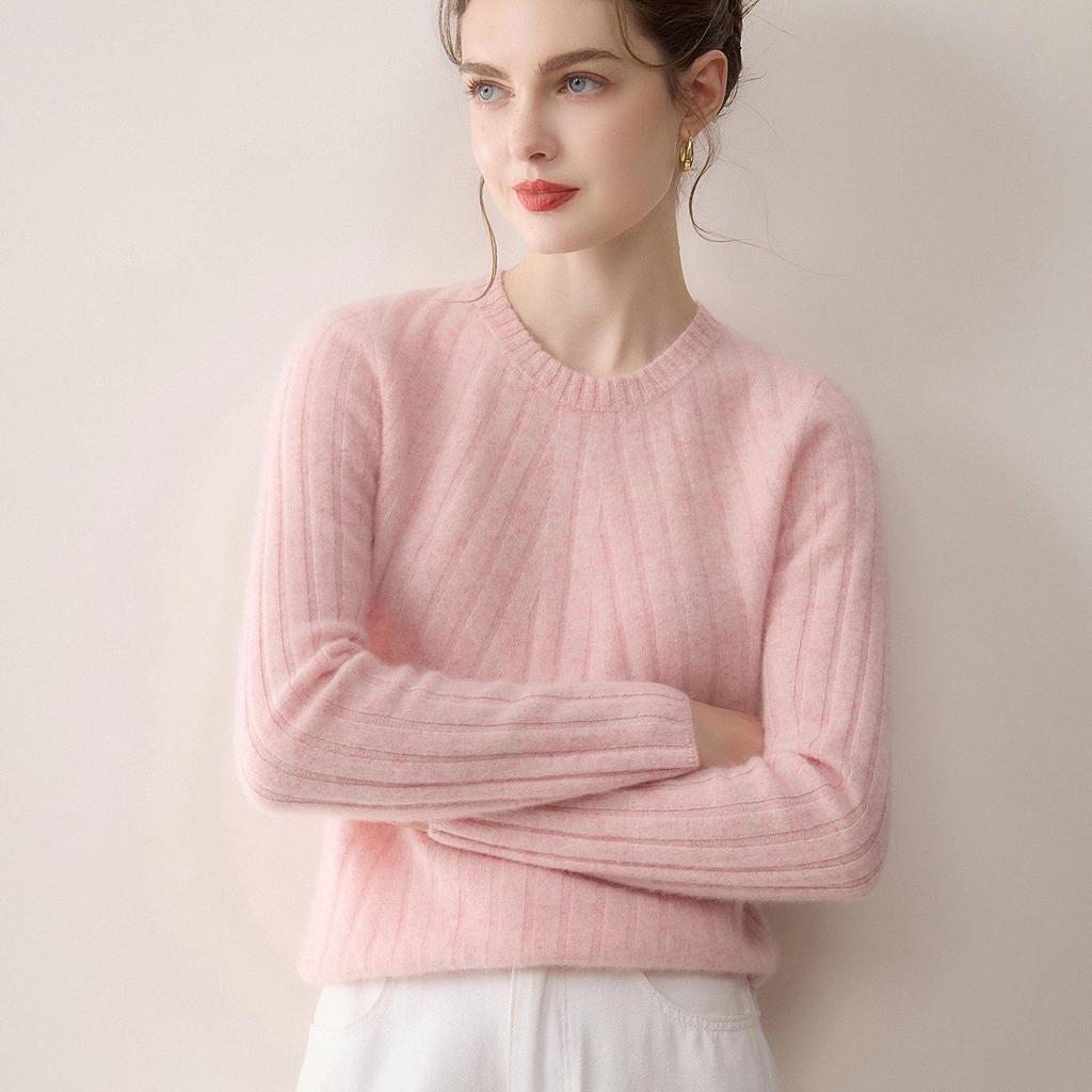 100% Pure Cashmere Women's Round Neck Ribbed Sweater