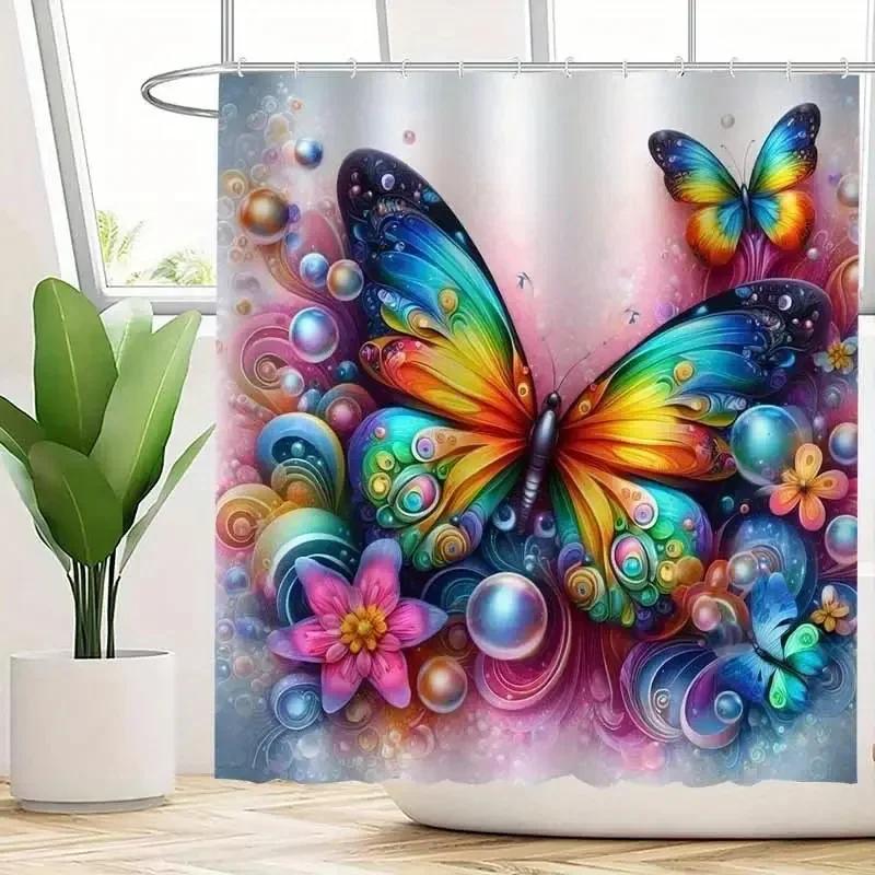 Butterfly Print Shower Curtain Family Bathroom Decoration Polyester Fabric Bathtub Curtain Bathroom Partition Room Decoration