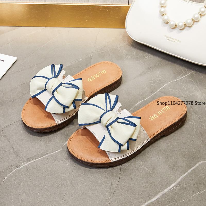 Fashion Cow Leather Sandals 2025 New Women's Slippers Bow Large Size 35-43 Beef Tendon Sole Soft Sole Geunine Leather Slippers