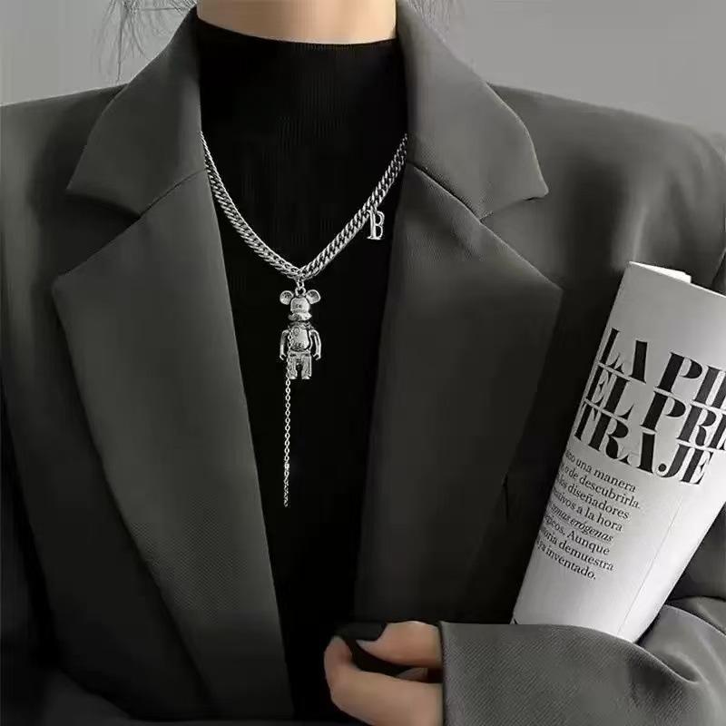 

Double-layer bear checkerboard sweater necklace female trendy hip-hop sweater chain female autumn and winter titanium steel non-fading accessories