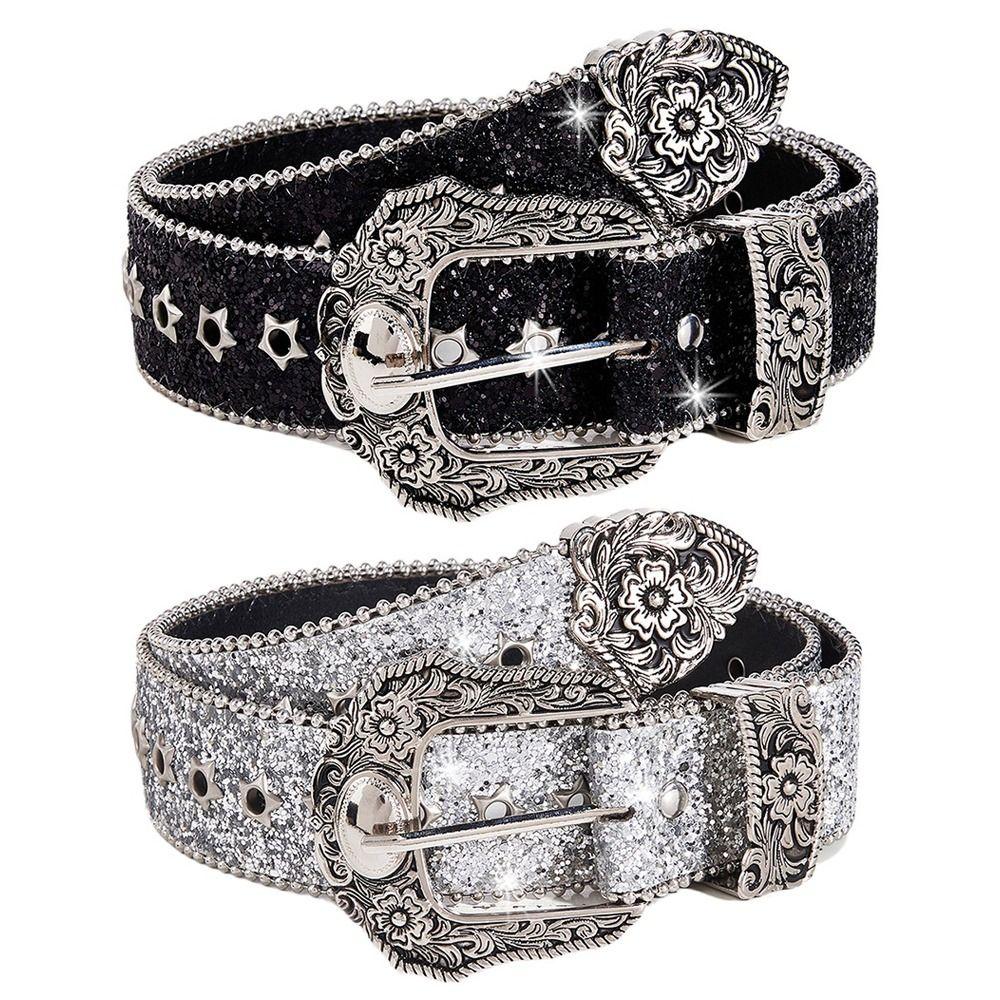 Metal Engraved Buckle Western Cowboy Belt PU Leather Buckle Belt Fashion Waistband for Men Women