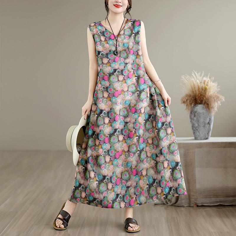 DIMANAF New 2026 Women Plus Size Summer Lady Long Dress Vest Sleeveless Pockets Loose Oversize Maxi Floral Print Sundress Beach Clothing