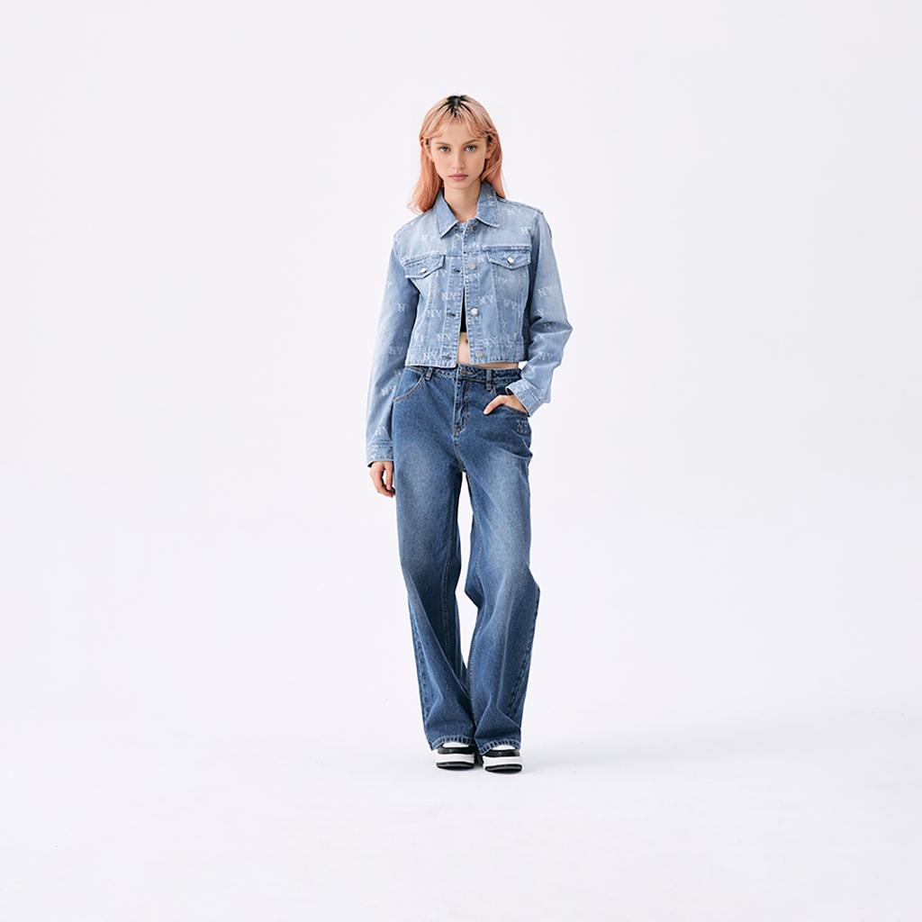 MLB Monogram Vintage Wash Casual Loose Fit Short Sleeve Denim Jacket Women jackets Light-Blue 3FDKM0151-50BLL