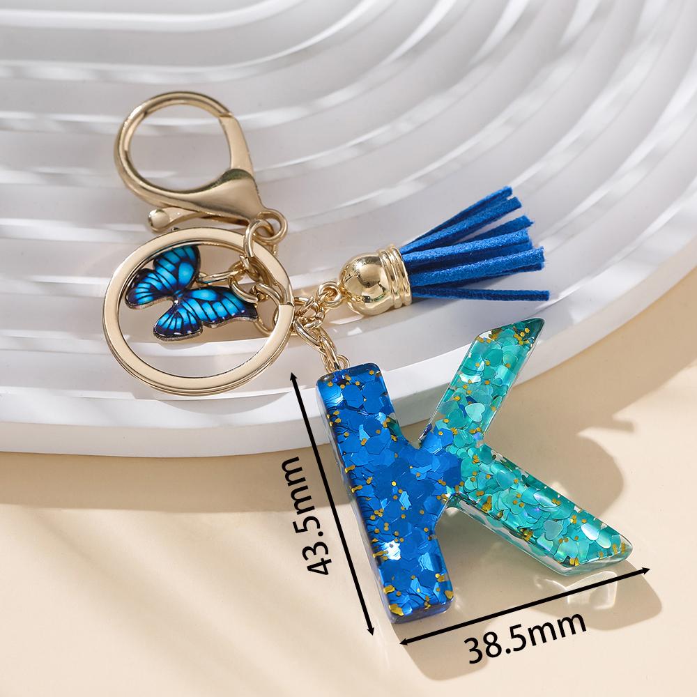 1pc Alloy Alphabet Initial Keychain Royal Blue Butterfly & Tassel Letter Keychain for Backpack Charm Accessory Key Ring Findings