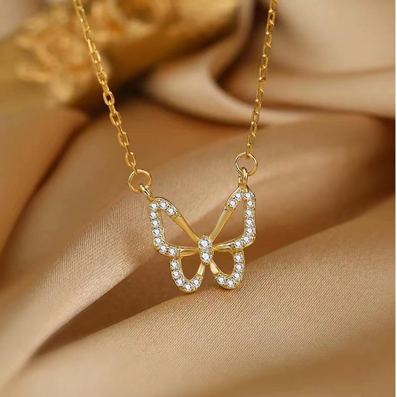 925 Silver Hollow Butterfly Pendant Necklace with Diamond - Like Crystal , Simple Style for Daily Wear