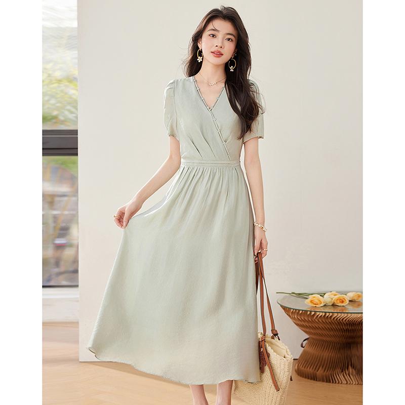 French Style V-Neck Bubble Sleeve Waist-Cinching Long Dress for Women
