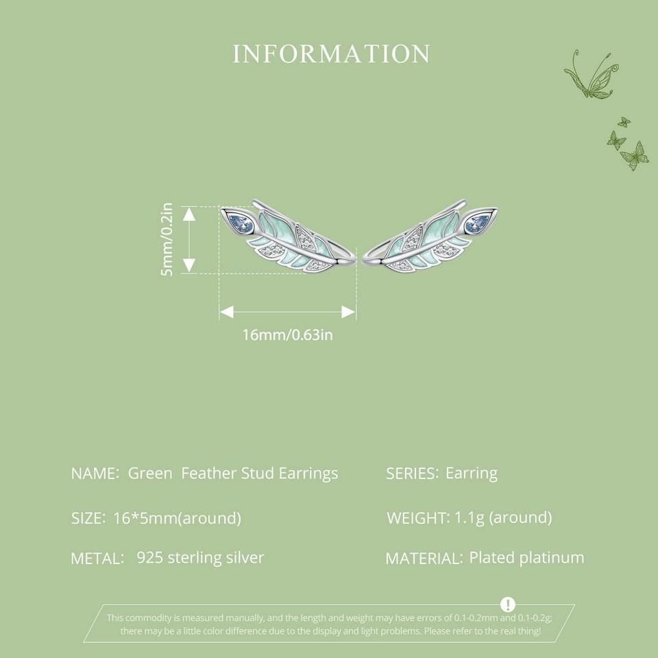 BAMOER Cercei cu pene din argint sterling 925, verde mentă, emailat, pentru femei, cadou de petrecere, bijuterii fine