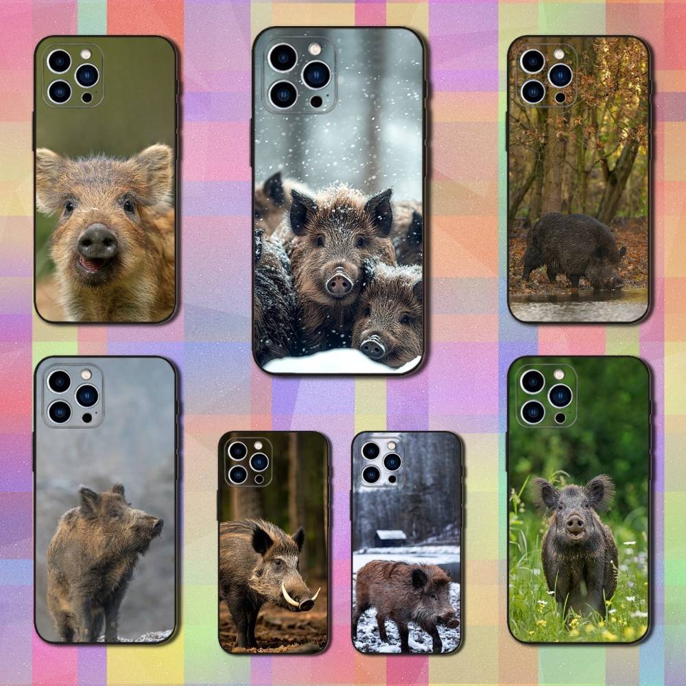 Cute Wild Boar Animal For iPhone 8,7,11,12,15,14,13,16,17,Plus,Pro Max,XS,X,XR,SE,Mini,Soft Silicone Black Case