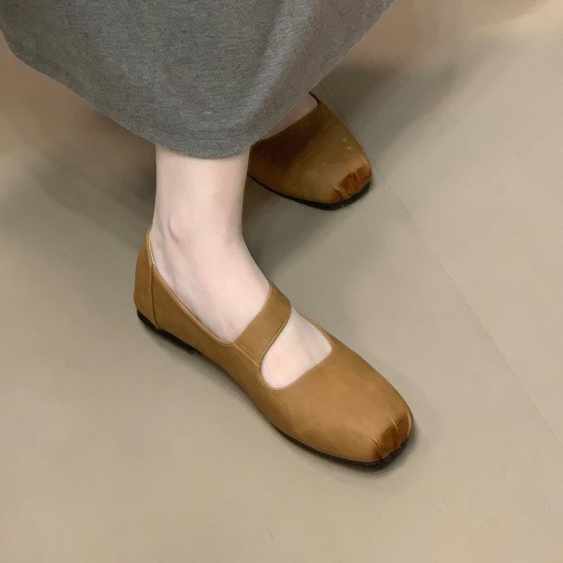Sheepskin version~ French square head ballet evening breeze gentle shoes temperament advanced sense word with women's shallow mouth single shoes