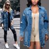 Autumn Winter Long-Sleeve Lapel Wash Water Hole Casual Women Denim Jacket Ladies Fashion Loose Street Maxi Denim Women Coat