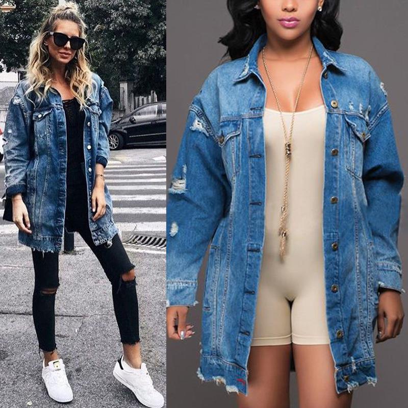 Autumn Winter Long-Sleeve Lapel Wash Water Hole Casual Women Denim Jacket Ladies Fashion Loose Street Maxi Denim Women Coat