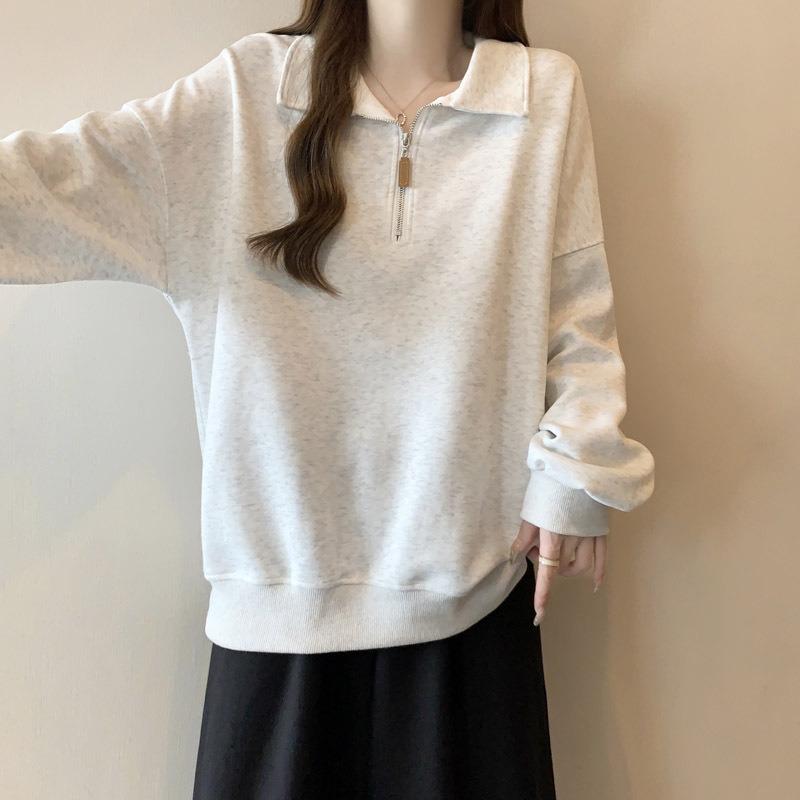 Real Shot Half Zipper Lo Lapel Long-sleeved Sweater Women's Season Thin Loose and Thin Top