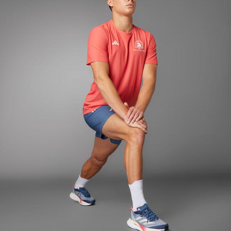 Adidas Boston Marathon 2024 Own The Run Tee Three Stripe Logo Print Crew Neck Short Sleeve T-Shirt Men Tops Red IS9544