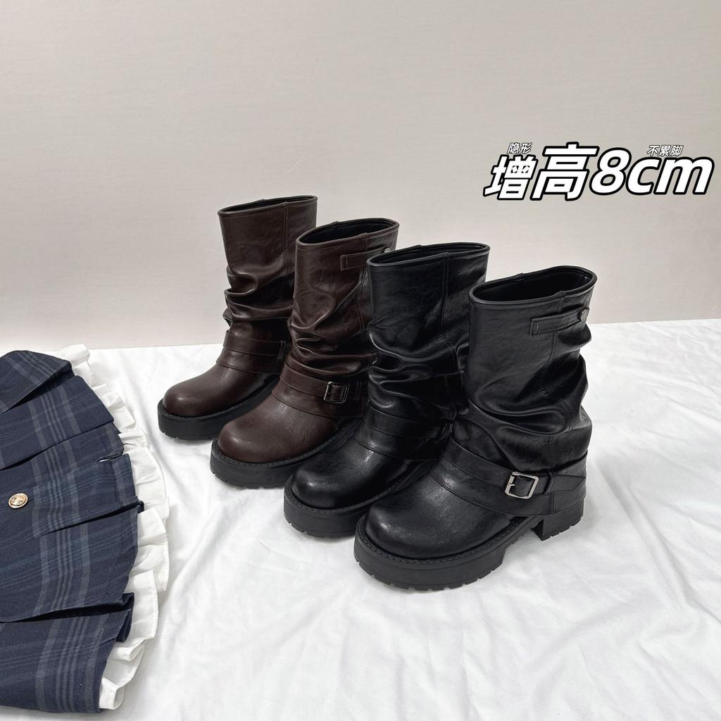 Leather Version~ 8CM Inner Height Increase Western Cowboy Pile Short Boots Women's Autumn and Winter Retro Thick Heel Pleated Trousers Knight Boots