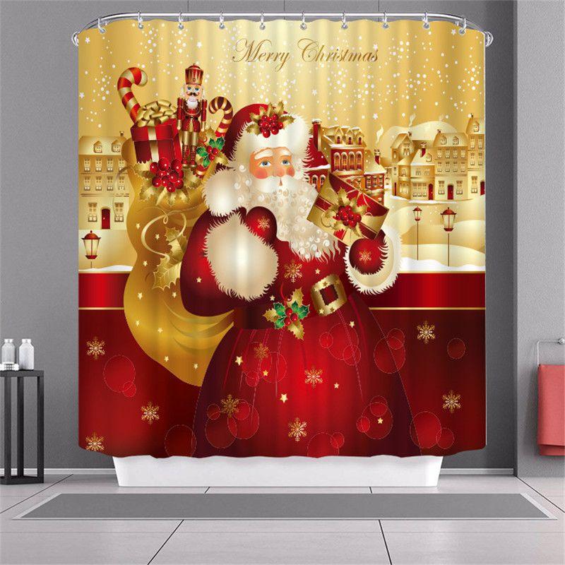 Curtain Shower Christmas With Hook Waterproof Fabric Bathroom Santa Xmas Claus