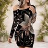 Women Plus Size One Shoulder Long Sleeve Black Printed Bodycon Mini Dress
