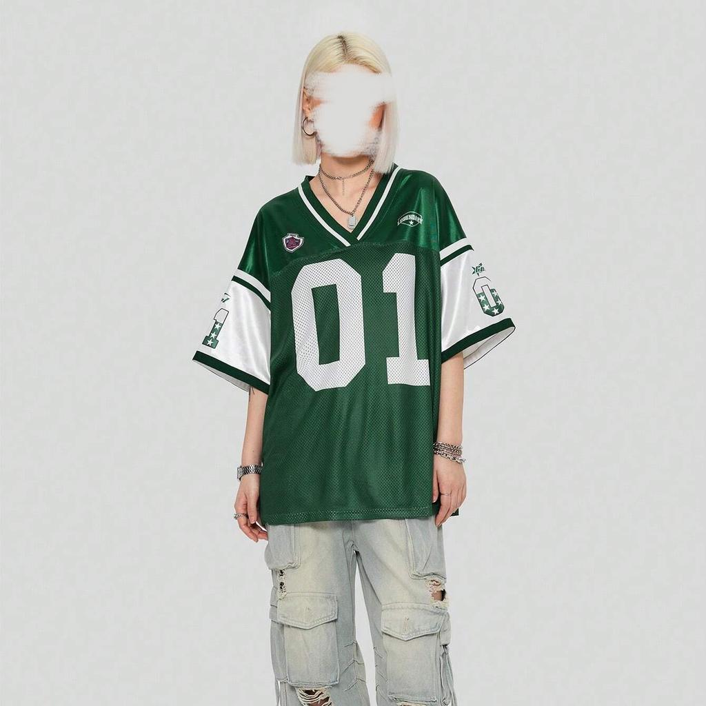 Maglia da Calcio da Donna con Scollo a V a Maniche Corte, Vestibilità Larga, in Rete, Stampa di Numeri e Lettere, T-shirt Oversize, Streetwear Y2K, Top Sportivo Casual Estivo
