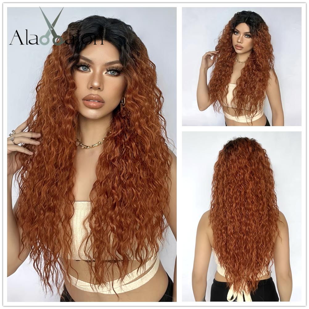 ALAN EATON Long13x4x1 Lace Synthetic Wigs Brown Highlight Golden Curly Wig for Black Women Natural High Density Daily Use