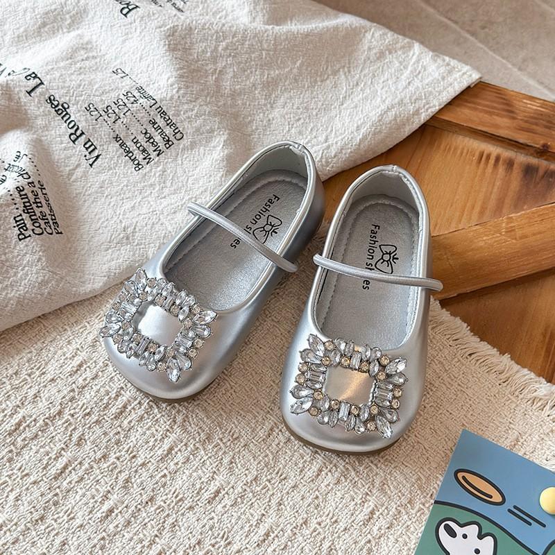 Girls Ballet Flats With Rhinestones 2026 Soft Sole Square Toe PU Shoes Kids Ages 3-8