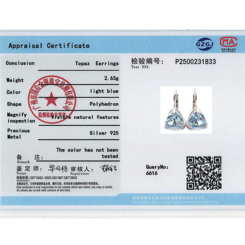 925 Sterling Silver Women's Earrings Natural Brazil Sky Blue Topaz Triangle 8.0mm Gemstones Fine Jewelry for Birthday Daily Wear